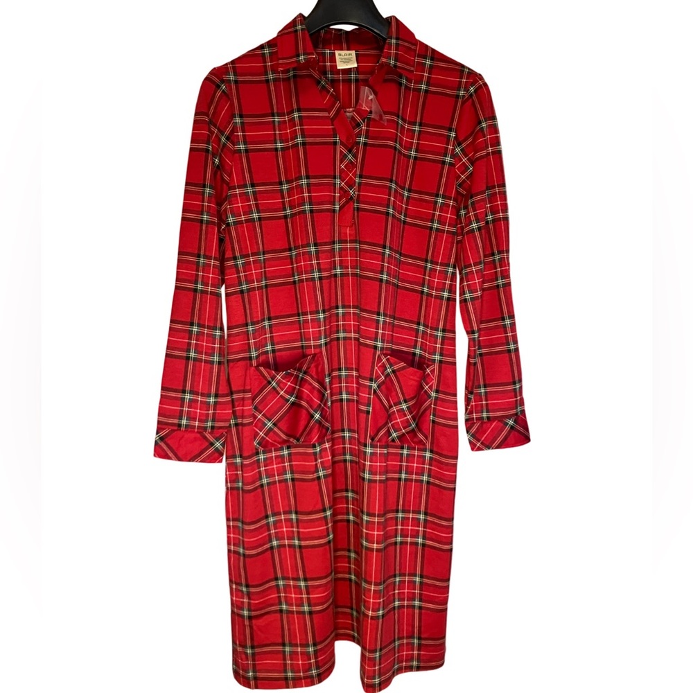 NWOT Blair Red Plaid V-Neck Roll-Tab Long Sleeve Midi Lounge Shirt Dress L NWOT